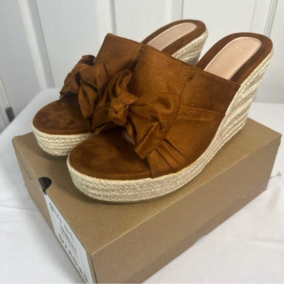 Brown Platform Espadrilles Slip On Wedge Sandals Bow Tie Womens 8.5 New - Picture 3 of 13